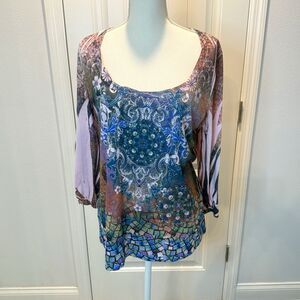 B.L.U.E. Embellished Boho Women's Blouse Size PXL Floral Watercolor